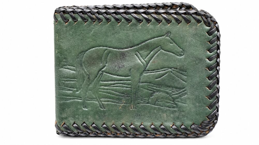 Vintage Hand Tooled Green Leather Horse Wallet Black Laced Edge